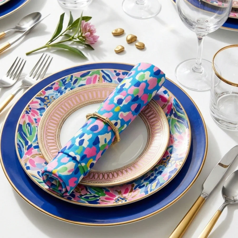 Lilly Pulitzer Hottie Dottie Blue & Pink Napkins & Bamboo Rings | Set of 4 NIB
